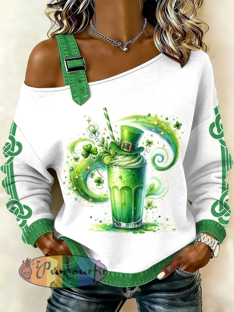 Women’s Vintage St. Patrick’s Day Print Casual Off-Shoulder Sweatshirt