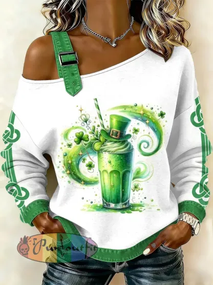 Women’s Vintage St. Patrick’s Day Print Casual Off-Shoulder Sweatshirt