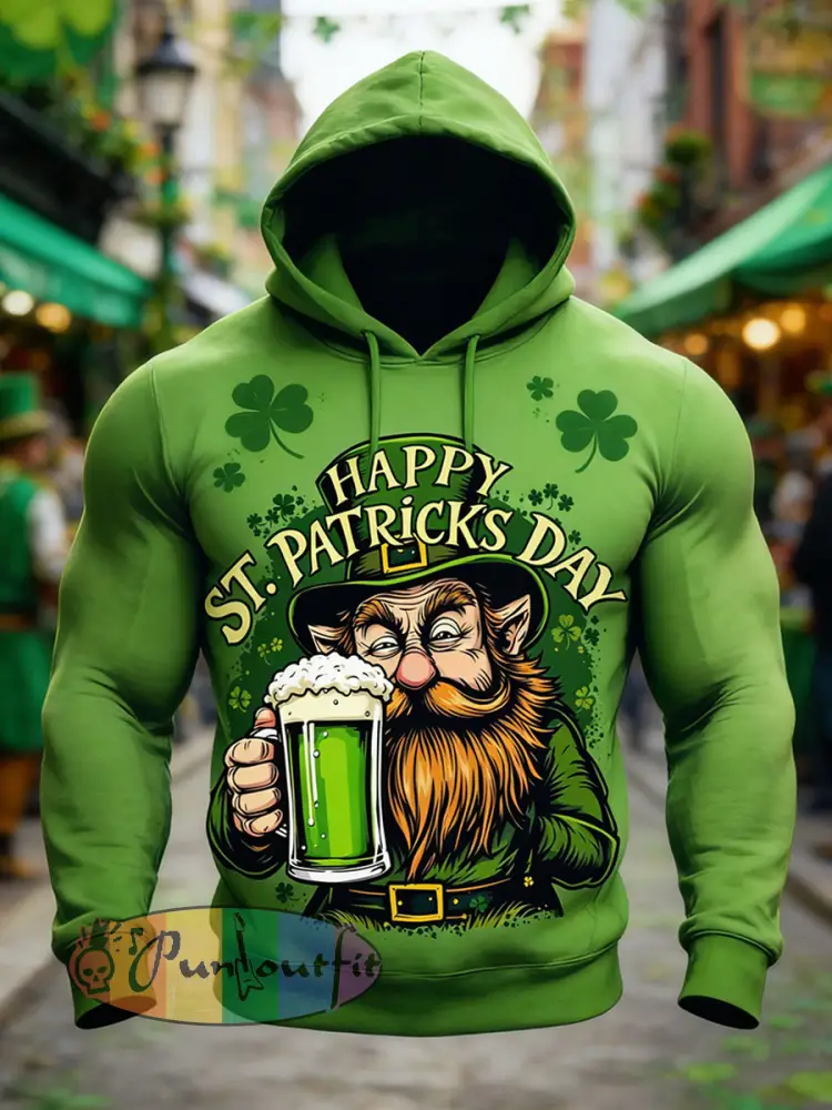 Men’s Retro Saint Patrick’s Day Print Casual Hooded Sweatshirt