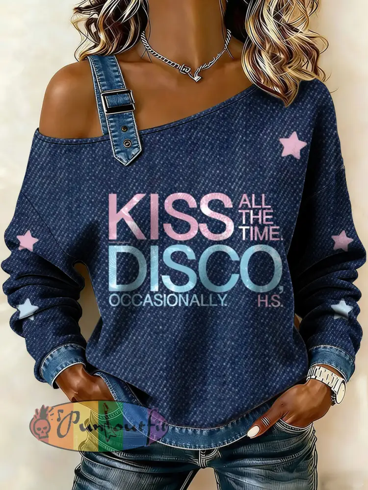 Women’s Kiss All the Time Disco Occasionally Vintage Cat Patchwork Print Casual Off-Shoulder Sweatshirt