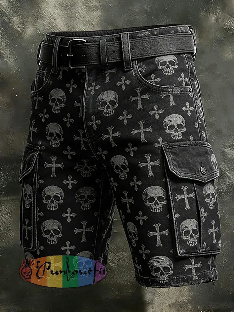 Men’s Retro Vacation Business Skull Art Print Casual Shorts