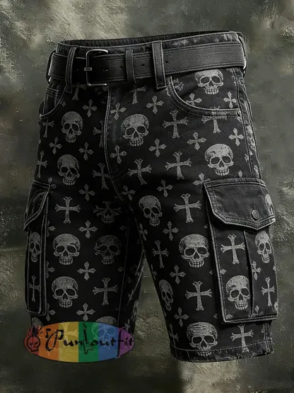 Men’s Retro Vacation Business Skull Art Print Casual Shorts