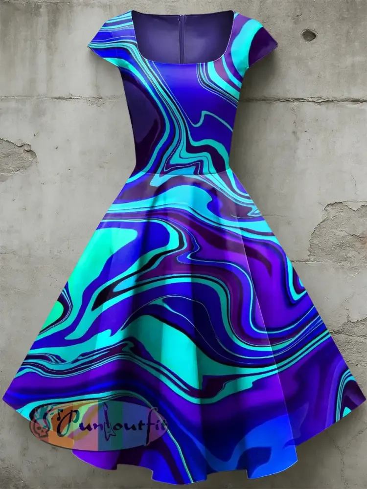 Women’s Casual U-Shaped Collar Short Sleeve Psychedelic Print Short Sleeve Dress