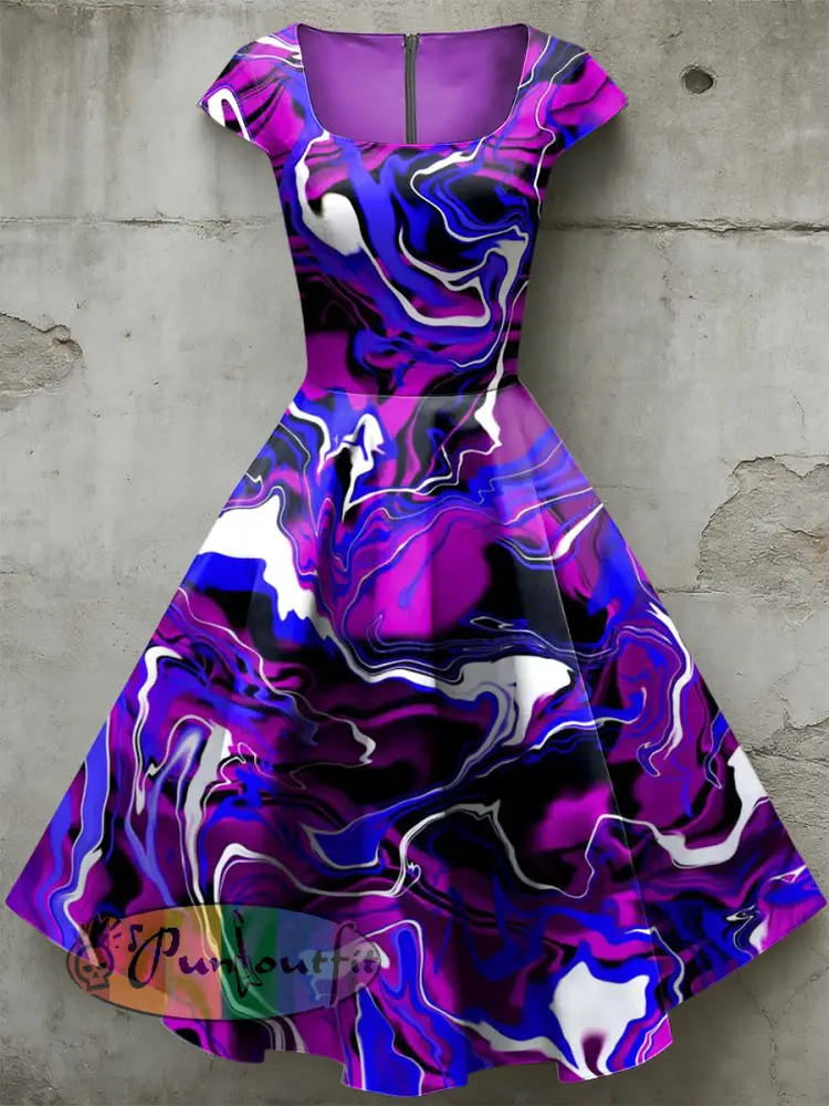 Women’s Casual U-Shaped Collar Short Sleeve Psychedelic Print Short Sleeve Dress
