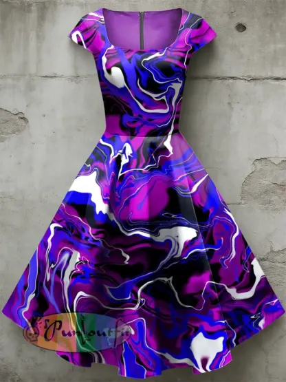 Women’s Casual U-Shaped Collar Short Sleeve Psychedelic Print Short Sleeve Dress