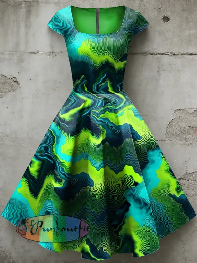 Women’s Casual U-Shaped Collar Short Sleeve Psychedelic Print Short Sleeve Dress