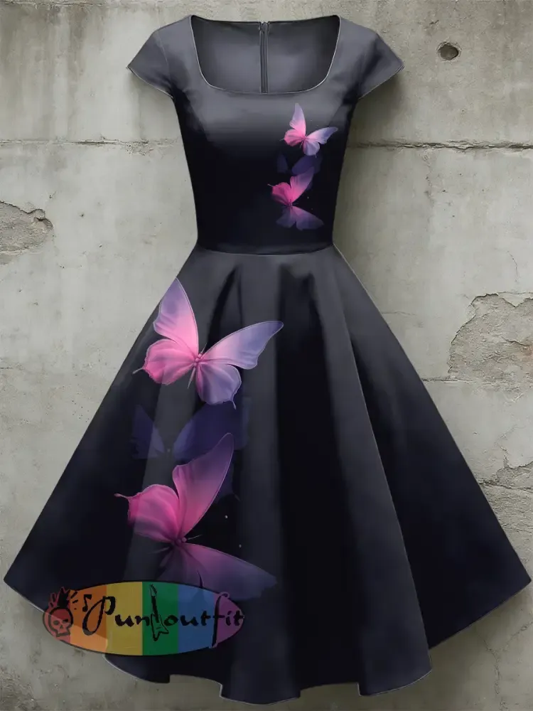 Women’s Casual U-Shaped Collar Short Sleeve Butterfly Print Short Sleeve Dress