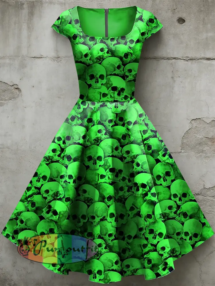 Women’s Casual U-Shaped Collar Short Sleeve Psychedelic Skull Print Short Sleeve Dress