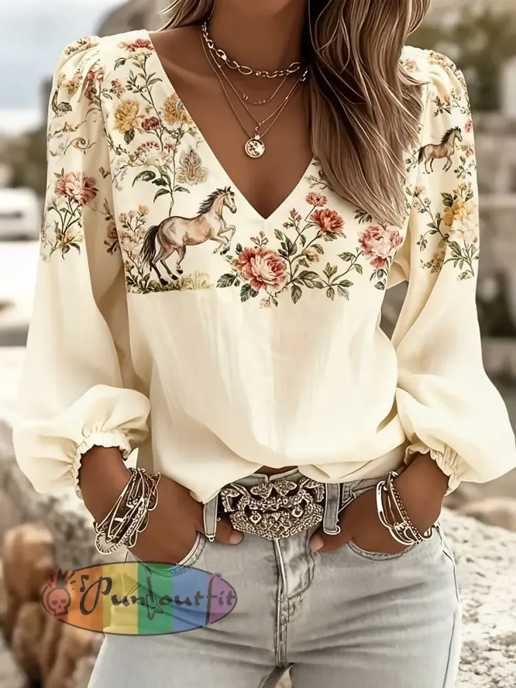 Women’s Floral Horse Print V-Neck Tops