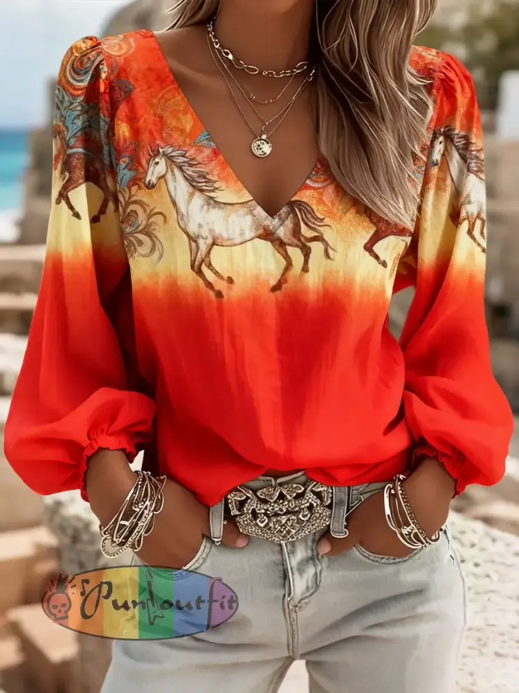 Women’s Western Style Horse Print V-Neck Tops