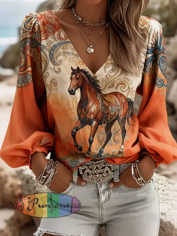 Women’s Western Style Horse Print V-Neck Tops