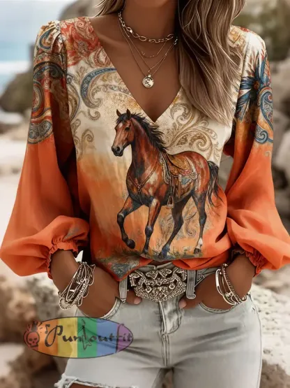 Women’s Western Style Horse Print V-Neck Tops