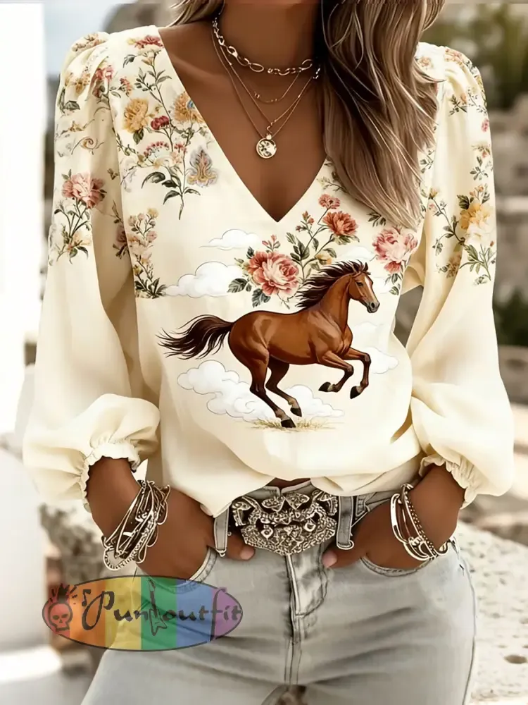 Women’s Floral Horse Print V-Neck Tops