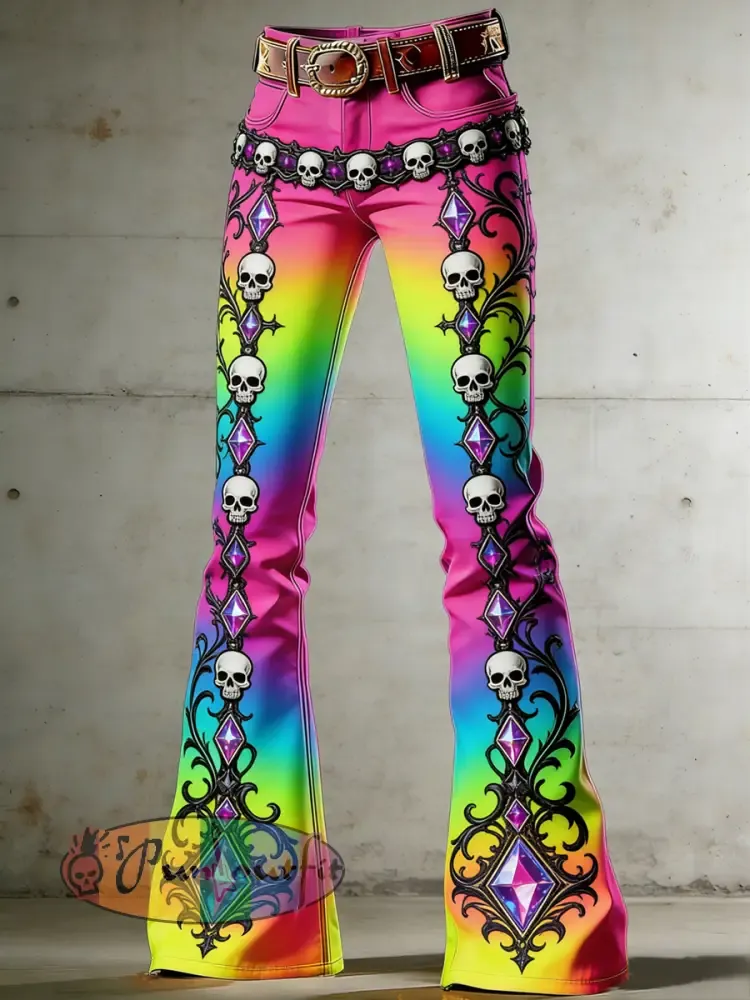 Women’s Gothic Skull Art Print Flared Trousers
