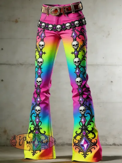 Women’s Gothic Skull Art Print Flared Trousers