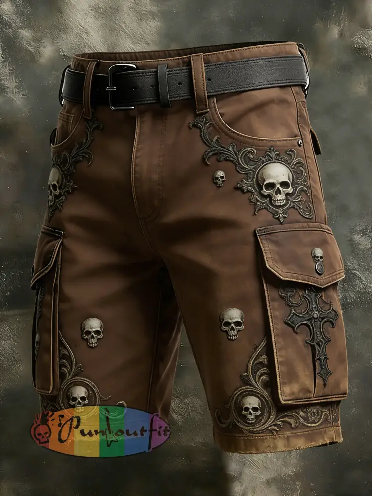 Men’s Retro Vacation Business Gothic Skull Art Print Casual Shorts