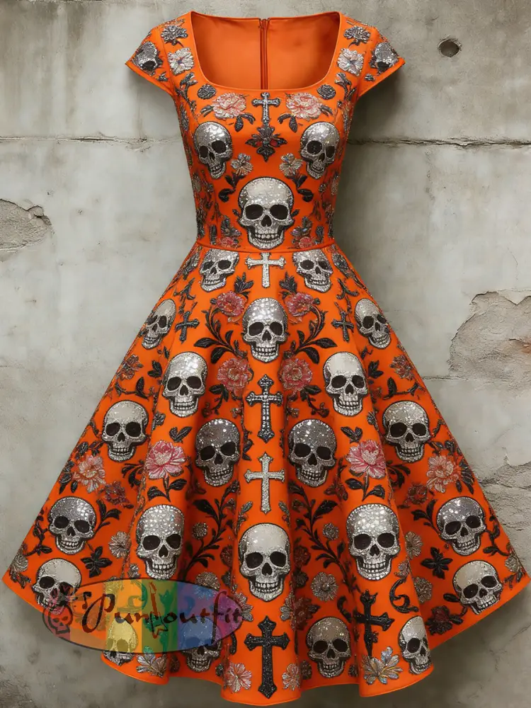 Women’s Casual U-Shaped Collar Short Sleeve Gothic Skull Print Short Sleeve Dress
