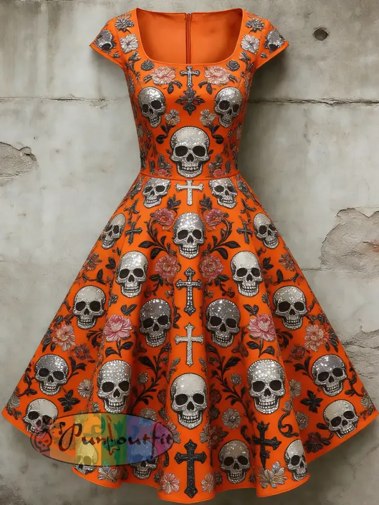 Women’s Casual U-Shaped Collar Short Sleeve Gothic Skull Print Short Sleeve Dress