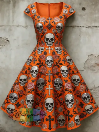 Women’s Casual U-Shaped Collar Short Sleeve Gothic Skull Print Short Sleeve Dress