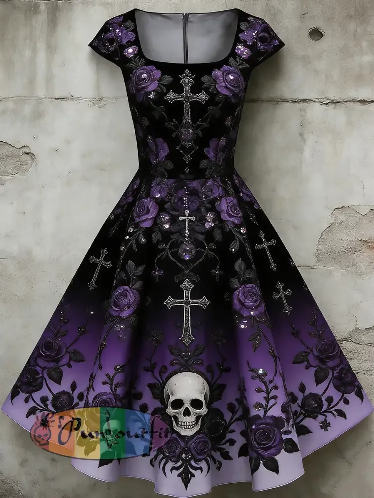 Women’s Casual U-Shaped Collar Short Sleeve Gothic Skull Print Short Sleeve Dress