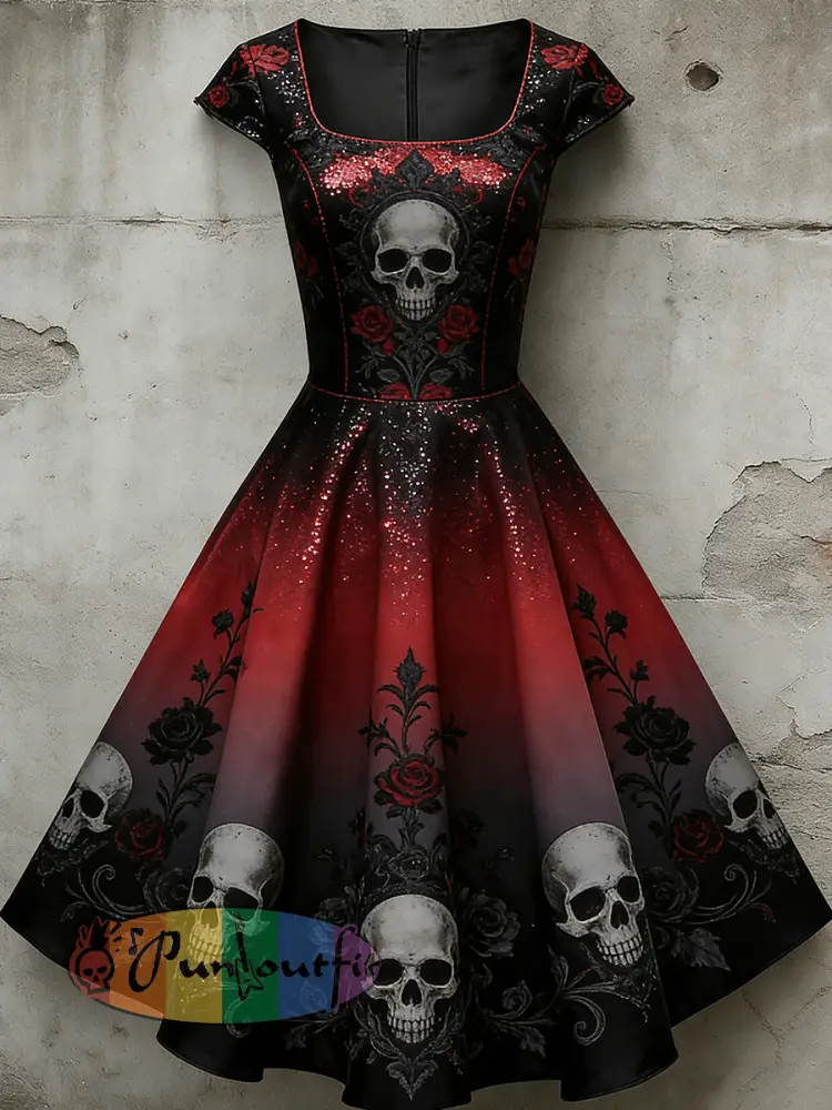 Women’s Casual U-Shaped Collar Short Sleeve Gothic Skull Print Short Sleeve Dress