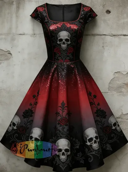 Women’s Casual U-Shaped Collar Short Sleeve Gothic Skull Print Short Sleeve Dress