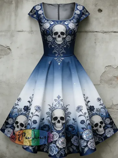 Women’s Casual U-Shaped Collar Short Sleeve Gothic Skull Print Short Sleeve Dress