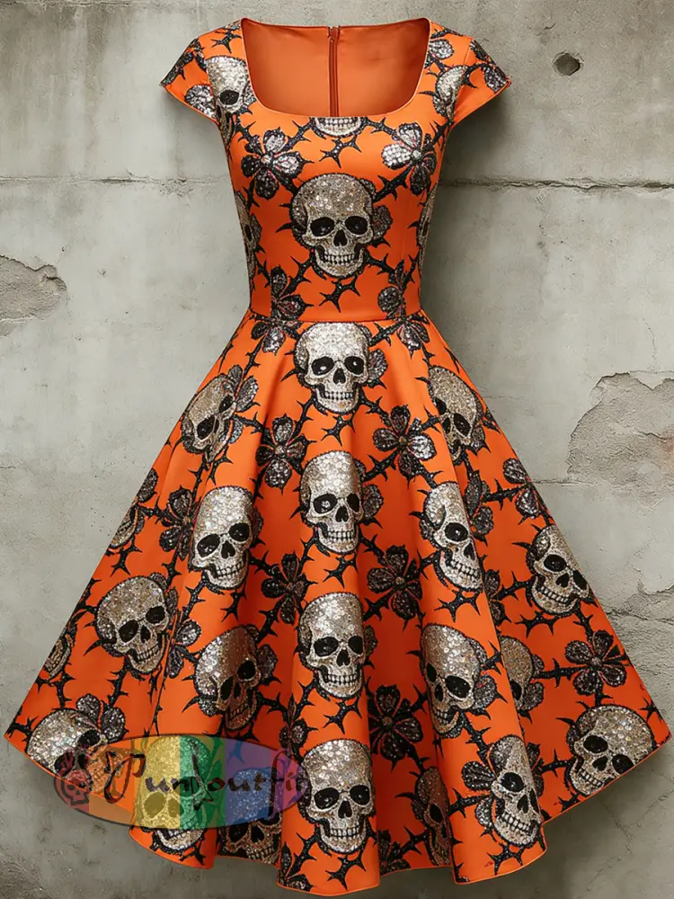 Women’s Casual U-Shaped Collar Short Sleeve Gothic Skull Print Short Sleeve Dress
