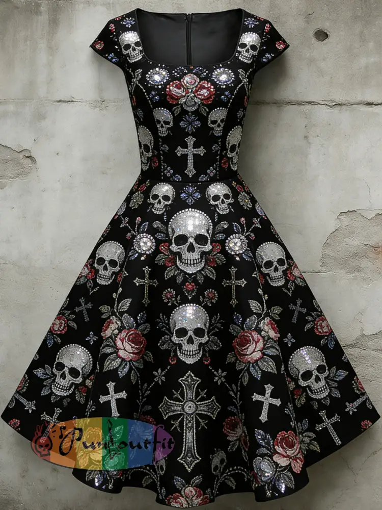 Women’s Casual U-Shaped Collar Short Sleeve Gothic Skull Print Short Sleeve Dress