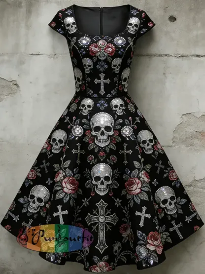 Women’s Casual U-Shaped Collar Short Sleeve Gothic Skull Print Short Sleeve Dress