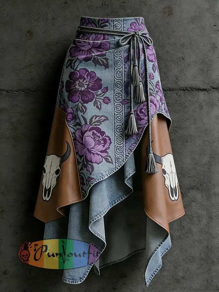 Women’s Western Bull Head Art Printed Irregular Skirt