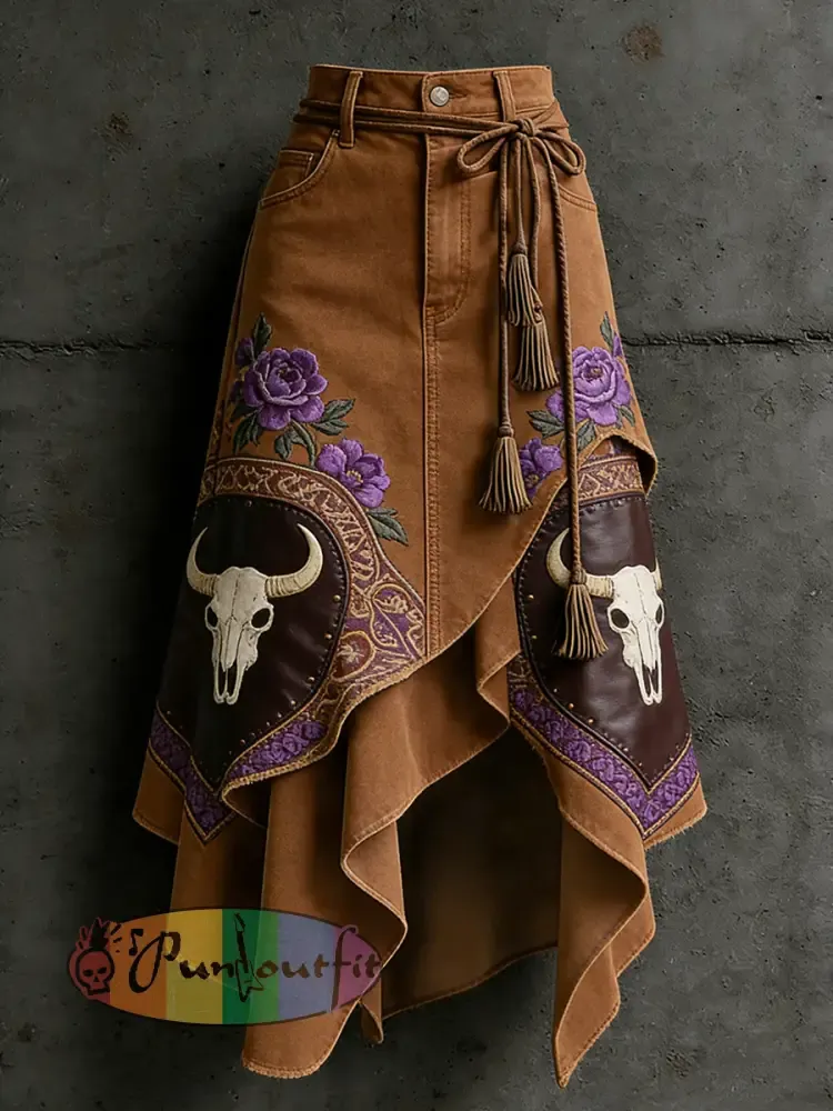 Women’s Western Bull Head Art Printed Irregular Skirt