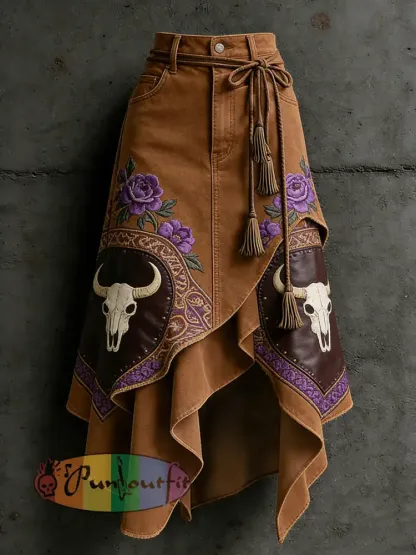 Women’s Western Bull Head Art Printed Irregular Skirt