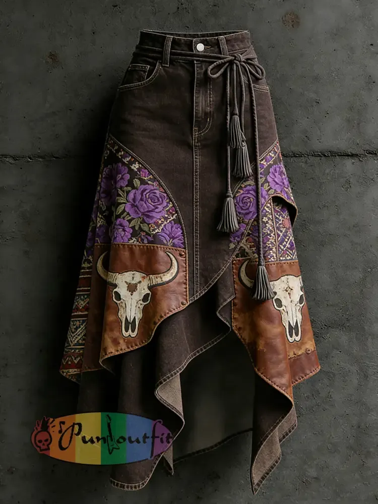 Women’s Western Bull Head Art Printed Irregular Skirt