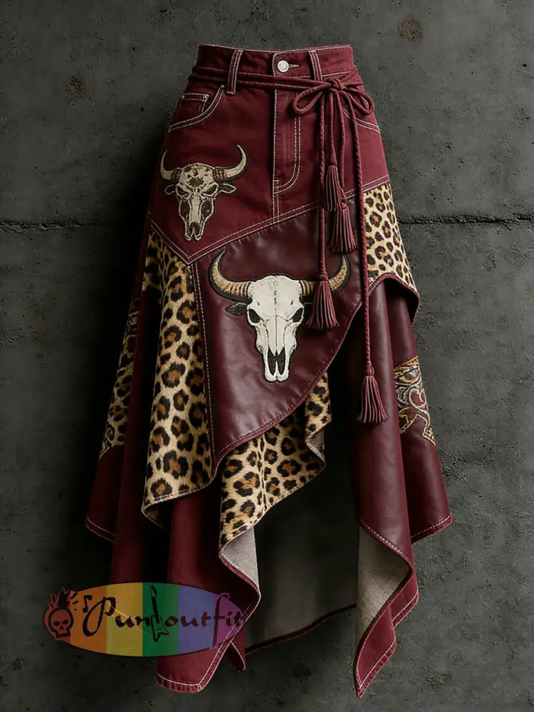 Women’s Western Bull Head Art Printed Irregular Skirt