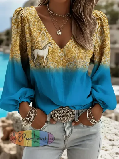 Women’s Paisley Art Horse Print V-Neck Tops