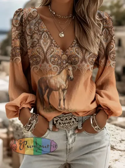 Women’s Paisley Art Horse Print V-Neck Tops