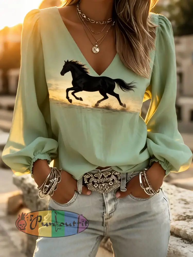 Women’s Running Horse Print V-Neck Tops