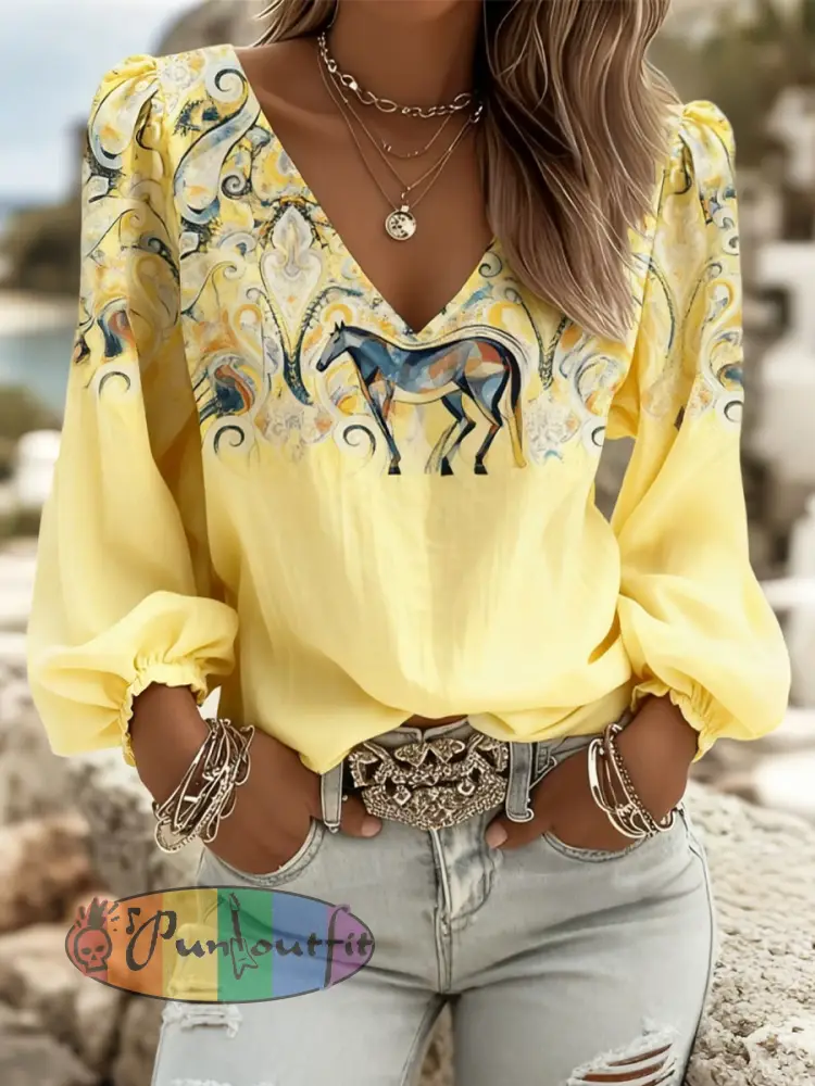 Women’s Western Art Horse Print V-Neck Tops