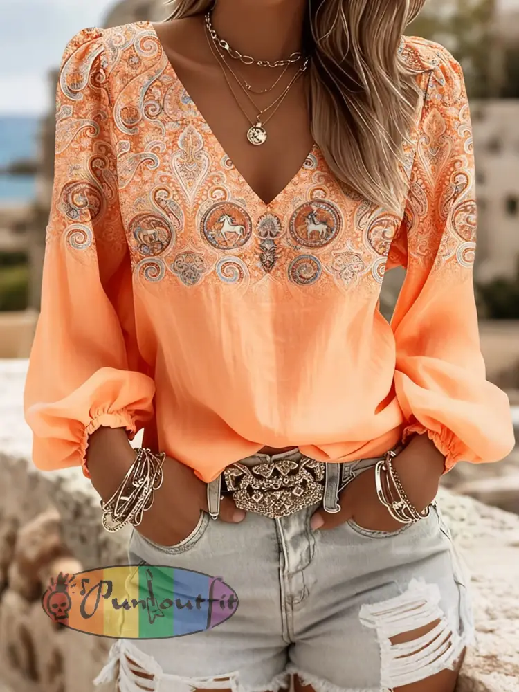 Women’s Paisley and Horse Art Print V-Neck Tops