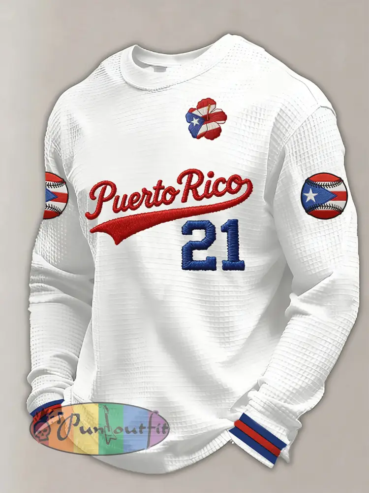 Men’s Puerto Rico Baseball Print Casual Waffle Sweatshirt