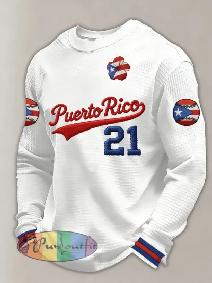 Men’s Puerto Rico Baseball Print Casual Waffle Sweatshirt