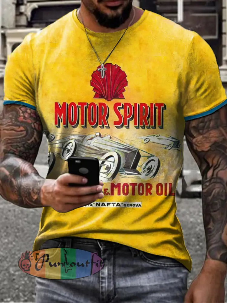 Men’s Retro Motor Oil Poster Print Short Sleeves T-shirt