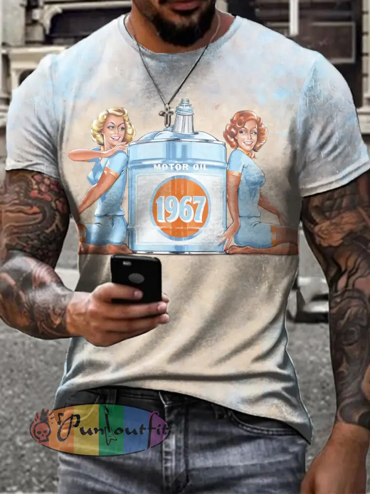 Men’s Retro Motor Oil Poster Print Short Sleeves T-shirt