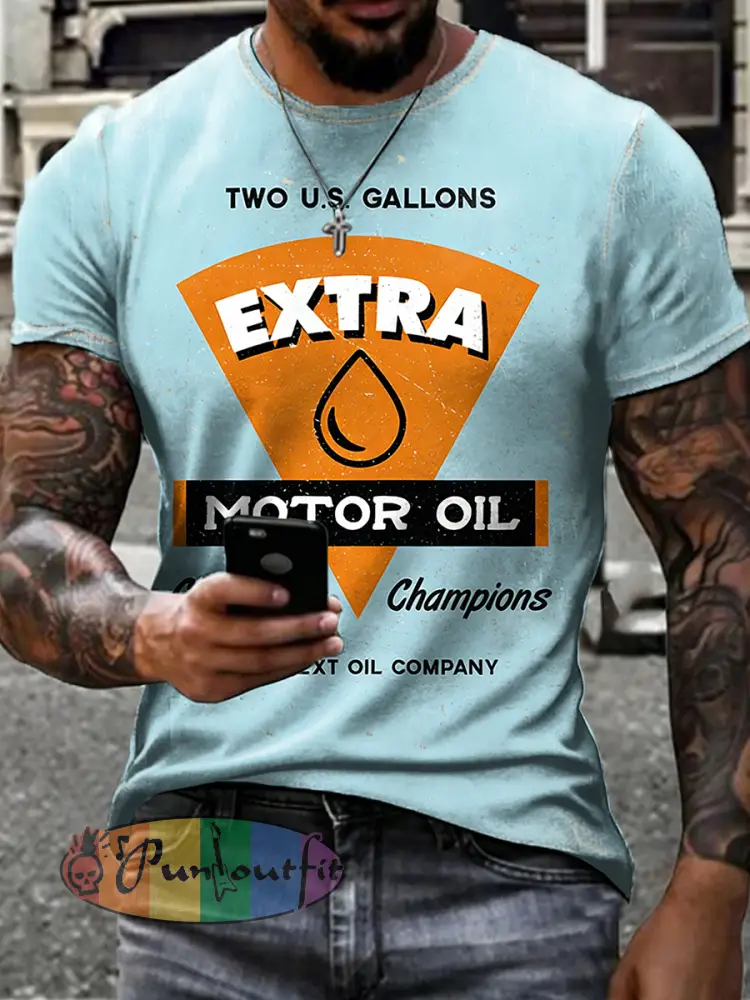 Men’s Retro Motor Oil Poster Print Short Sleeves T-shirt