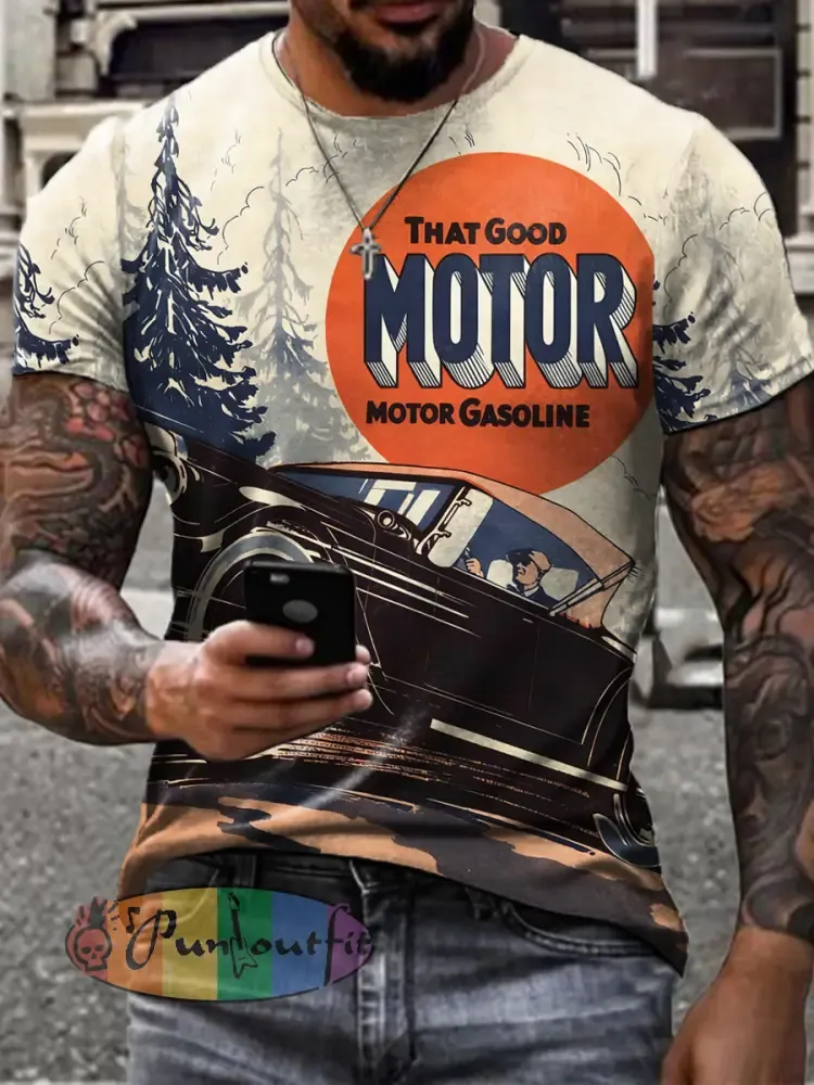 Men’s Retro Motor Oil Poster Print Short Sleeves T-shirt
