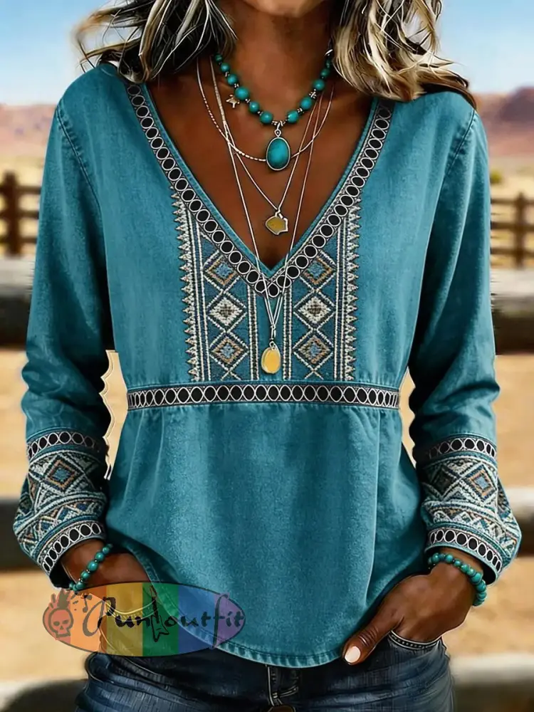 Women’s Western Vintage Aztec Print Casual Hollow-out Denim Shirt
