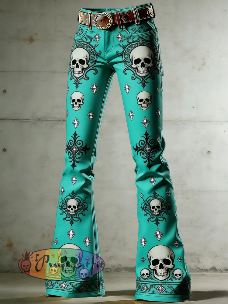 Women’s Gothic Skull Art Print Flared Trousers