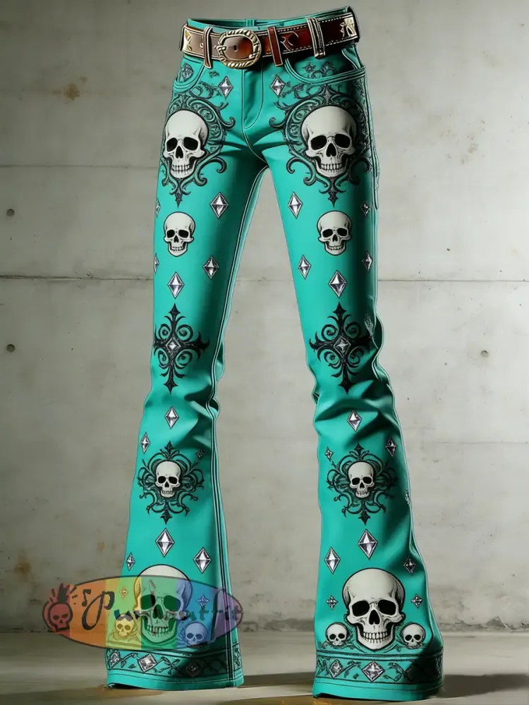 Women’s Gothic Skull Art Print Flared Trousers