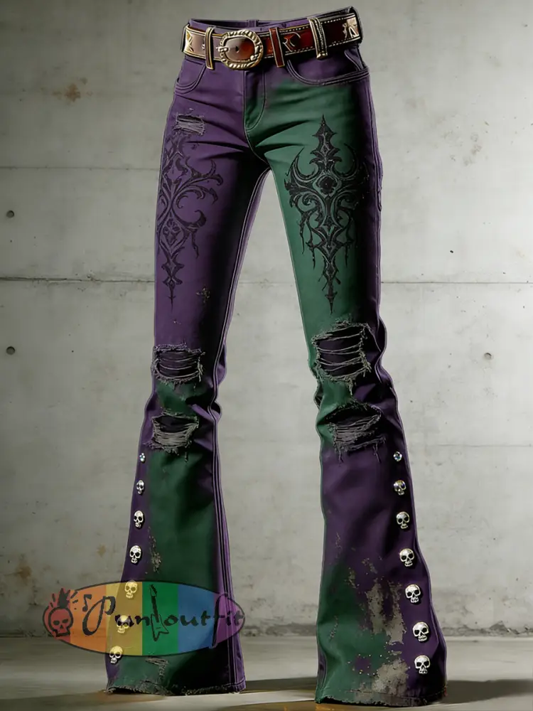 Women’s Gothic Skull Art Print Flared Trousers